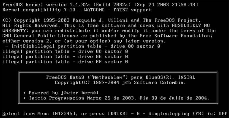 Arranque de FreeDOS para BlueOS®